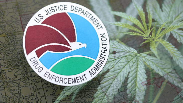 DEA seal over a US map with cannabis leaves